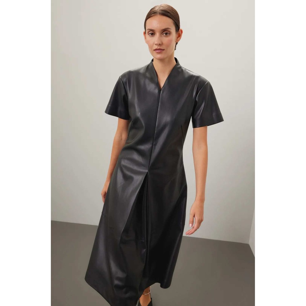 Proenza Schouler Black Vegan Leather Short Sleeve Midi Dress V Neck Wrap Style